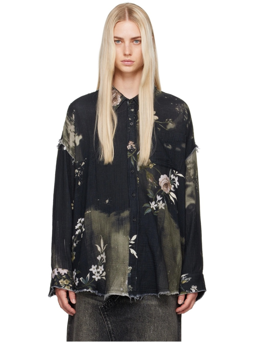 R13 Shredded Seam Drop Neck Shirt in Black “Bleached” Floral